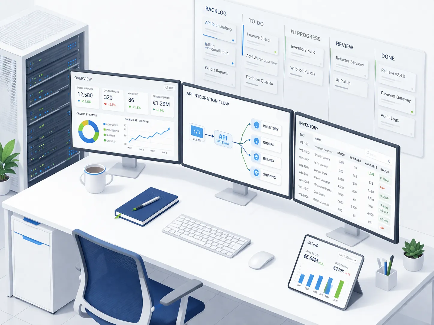 Software development workspace with dashboards, API flows, and inventory management