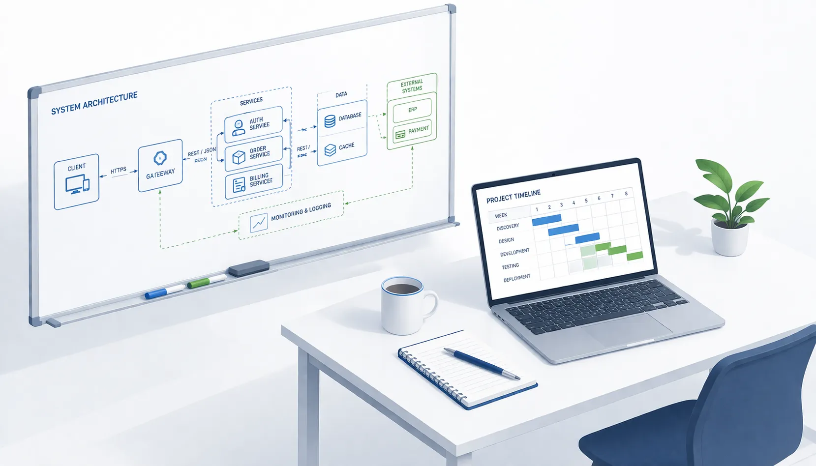 System architecture whiteboard and project timeline for software planning